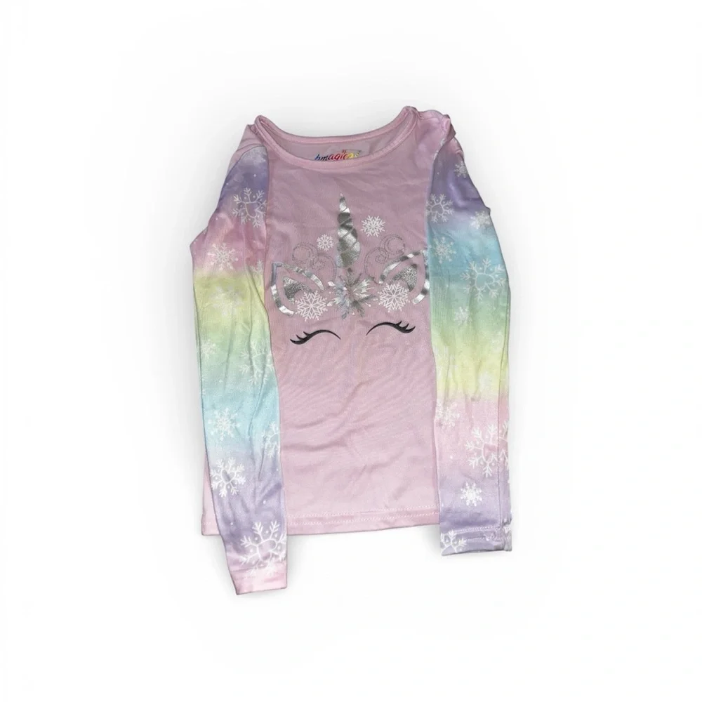 Girls Pastel Rainbow Unicorn Snowflake Pajama Set - Pink